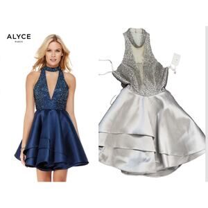 NWT ALYCE PARIS DRESS Fit N Flare Silver Metal Gray Sequined 8